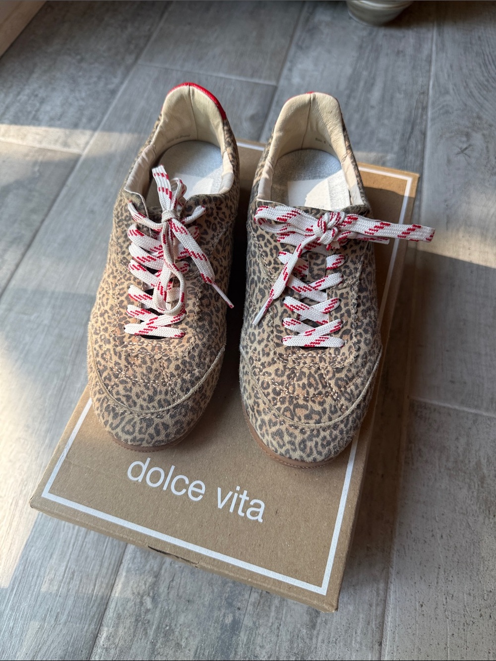Dolce Vita Leopard-Print Lace-Up Sneakers with White & Red Laces